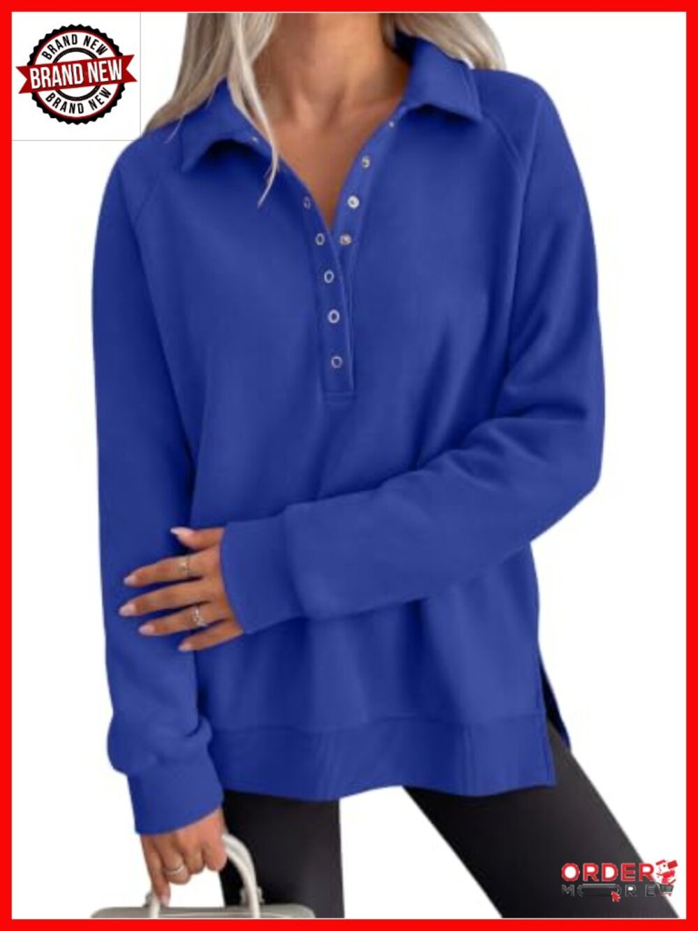 Oversized Button Up Henley Sweatshirt with Fleece Lining and Stand Collar